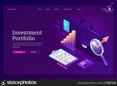 Investment portfolio isometric landing page. Business briefcase with financial strategy plan or analytic charts. Service for growing money, stock market trading and capital income 3d vector web banner. Investment portfolio isometric landing page banner