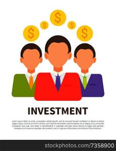 Investment poster with businessmen coins icons, abstract money exchanging process vector illustration text s&le and finance of successful people. Investment Poster with Businessmen and Coins Icons