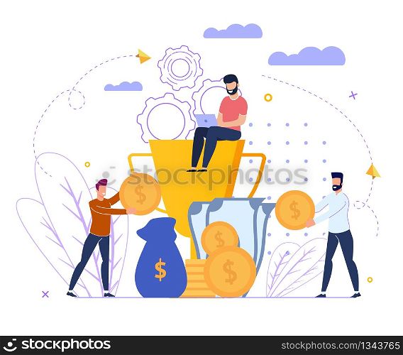 Investment Profit Strategy Vector Illustration. Man with Laptop is Sitting Gold Cup Winner. Business Partners Bring Money into Overall Project. Collection an Investment Fund Cartoon.