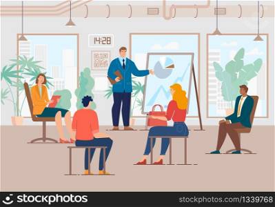 Investment Project Presentation, Business Ideas Brainstorming, Company Employees Teamwork Concept. Businessman, Entrepreneur Meeting with Investors or Clients in Office Trendy Flat Vector Illustration