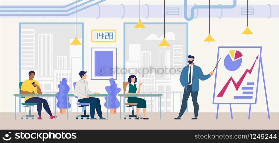 Investment Project Presentation, Planning Company Financial Success Flat Vector Concept with Financial Director, CEO Conducting Meeting in Office, Pointing on Filpchart with Infographics Illustration