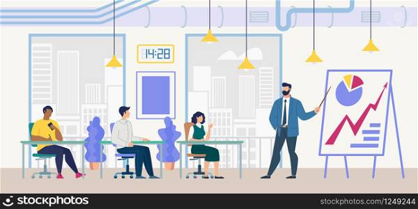 Investment Project Presentation, Planning Company Financial Success Flat Vector Concept with Financial Director, CEO Conducting Meeting in Office, Pointing on Filpchart with Infographics Illustration