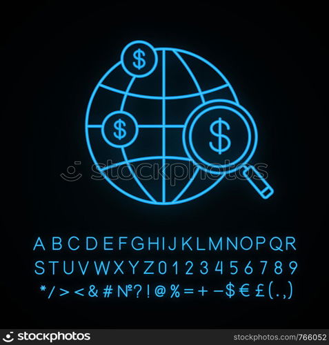Investment research neon light icon. Crowdfunding. International investing and financing. Global trade, investment and development. Glowing sign with alphabet, numbers. Vector isolated illustration. Investment research neon light icon