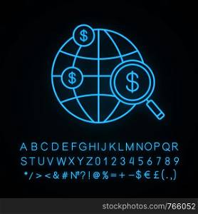 Investment research neon light icon. Crowdfunding. International investing and financing. Global trade, investment and development. Glowing sign with alphabet, numbers. Vector isolated illustration. Investment research neon light icon