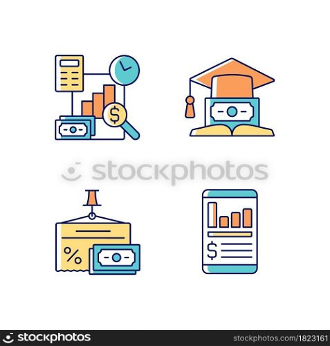 Investment RGB color icons set. Education loan. Money management. Financial literacy. Understanding finance and economy. Isolated vector illustrations. Simple filled line drawings collection. Investment RGB color icons set