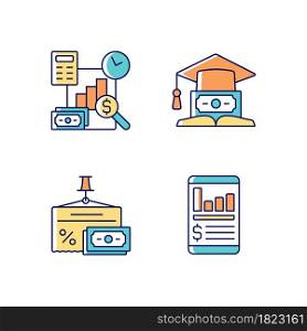 Investment RGB color icons set. Education loan. Money management. Financial literacy. Understanding finance and economy. Isolated vector illustrations. Simple filled line drawings collection. Investment RGB color icons set