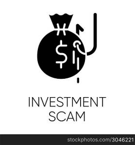 Investment scam glyph icon. Ponzi, pyramid scheme. Financial fraud. Illegal money gain. Fake promise of profit. Cybercrime. Phishing. Silhouette symbol. Negative space. Vector isolated illustration