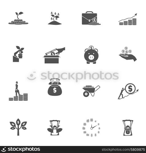 Investment Silhouette Icon Set. Money bucks coins tree and box dollar silhouette black flat icon set isolated vector illustration