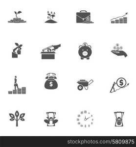 Investment Silhouette Icon Set. Money bucks coins tree and box dollar silhouette black flat icon set isolated vector illustration