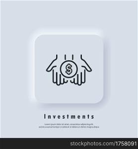 Investments icon. Dollar in palms thin line icon. Simple hand with a coin. Money transfer icon. Vector. Neumorphic UI UX white user interface web button. Neumorphism