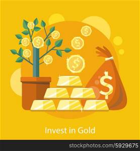 Investments in Gold. Dollar tree grows in pot and bag of money. Investments idea icon in flat design on the stylish background with coins and gold bullion. For web design, graphic design