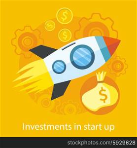 Investments in start up. Launching new product or service. Start up rocket idea icon in flat design on the stylish colored background with coins. For web design, analytics, graphic design