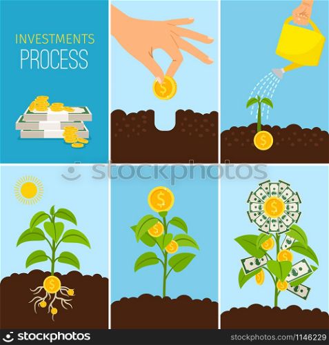 Investments Process and financial business growth concept. Growing money tree. Investments Process and financial business growth concept. Growing money tree vector illustration