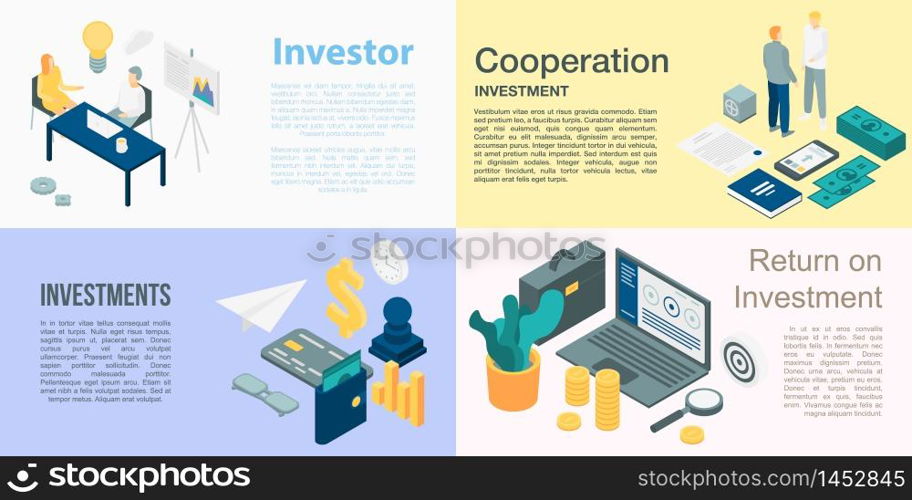 Investor banner set. Isometric set of investor vector banner for web design. Investor banner set, isometric style