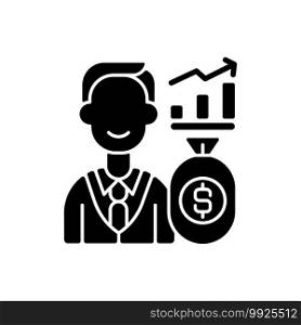 Investor black glyph icon. Investing money into financial schemes, property. Allocating capital. Receiving financial returns. Silhouette symbol on white space. Vector isolated illustration. Investor black glyph icon