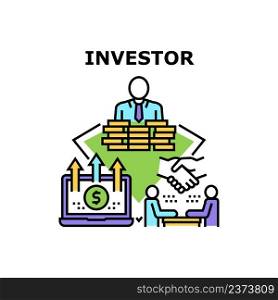 Investor Businessman Vector Icon Concept. Investor Businessman Discussing About Business With Partner, Working On Laptop Online For Search Finance Sphere Investment Color Illustration. Investor Businessman Vector Concept Illustration