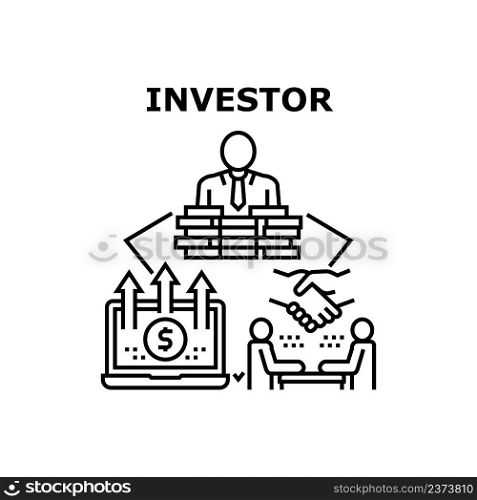 Investor Businessman Vector Icon Concept. Investor Businessman Discussing About Business With Partner, Working On Laptop Online For Search Finance Sphere Investment Black Illustration. Investor Businessman Vector Concept Illustration