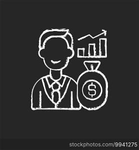 Investor chalk white icon on black background. Investing money into financial schemes, property. Allocating capital. Receiving financial returns. Isolated vector chalkboard illustration. Investor chalk white icon on black background