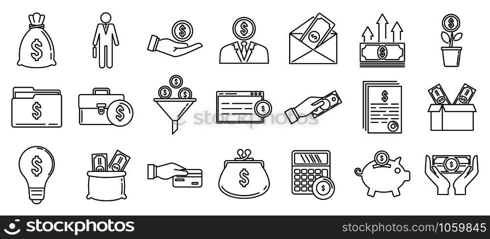 Investor finance icons set. Outline set of investor finance vector icons for web design isolated on white background. Investor finance icons set, outline style
