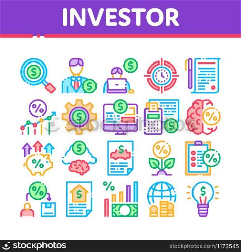 Investor Financial Collection Icons Set Vector Thin Line. Investor With Money Dollar And Lightbulb, Brain With Percentage Mark And Document Concept Linear Pictograms. Color Contour Illustrations. Investor Financial Collection Icons Set Vector