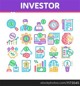 Investor Financial Collection Icons Set Vector Thin Line. Investor With Money Dollar And Lightbulb, Brain With Percentage Mark And Document Concept Linear Pictograms. Color Contour Illustrations. Investor Financial Collection Icons Set Vector