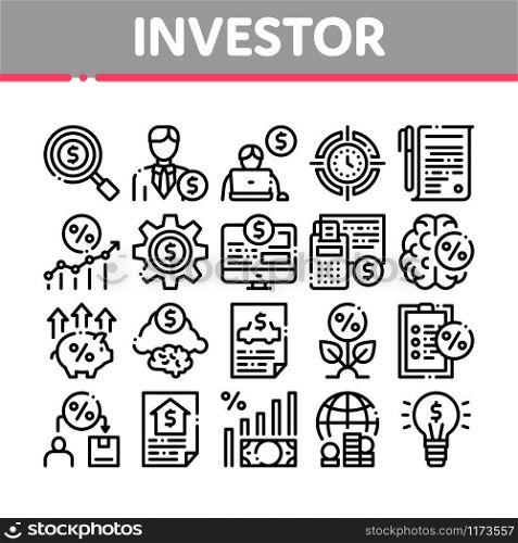 Investor Financial Collection Icons Set Vector Thin Line. Investor With Money Dollar And Lightbulb, Brain With Percentage Mark And Document Concept Linear Pictograms. Monochrome Contour Illustrations. Investor Financial Collection Icons Set Vector