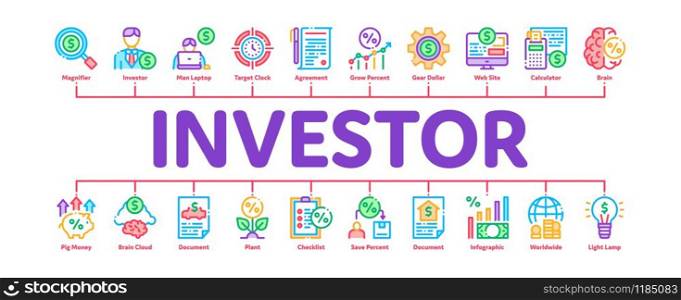 Investor Financial Minimal Infographic Web Banner Vector. Investor With Money Dollar And Lightbulb, Brain With Percentage Mark And Document Concept Illustrations. Investor Financial Minimal Infographic Banner Vector
