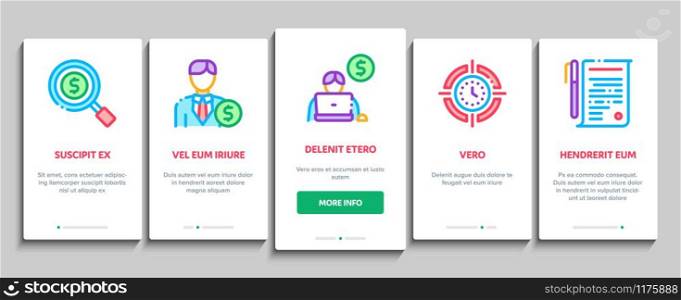 Investor Financial Onboarding Mobile App Page Screen Vector. Investor With Money Dollar And Lightbulb, Brain With Percentage Mark And Document Concept Linear Pictograms. Color Contour Illustrations. Investor Financial Onboarding Elements Icons Set Vector