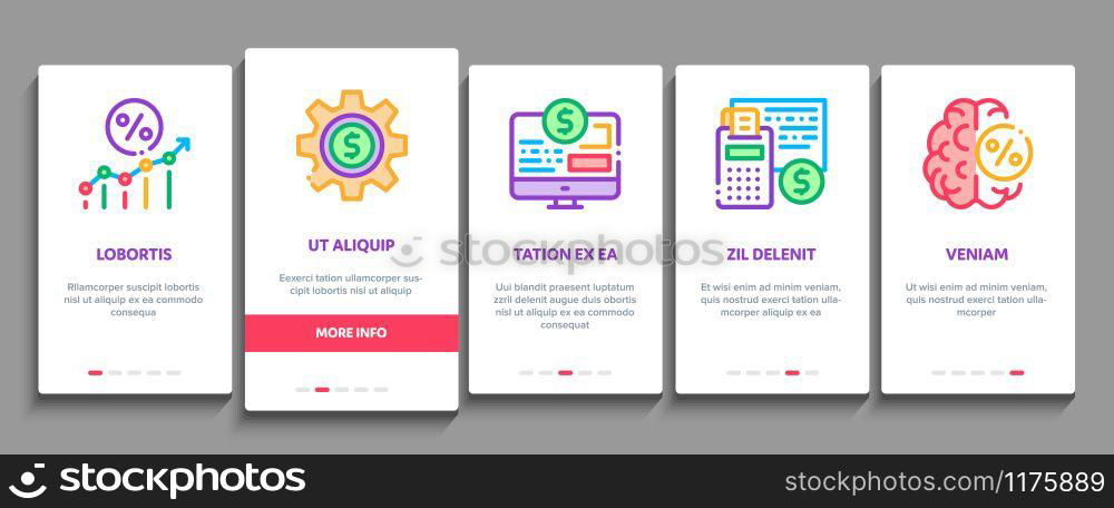 Investor Financial Onboarding Mobile App Page Screen Vector. Investor With Money Dollar And Lightbulb, Brain With Percentage Mark And Document Concept Linear Pictograms. Color Contour Illustrations. Investor Financial Onboarding Elements Icons Set Vector