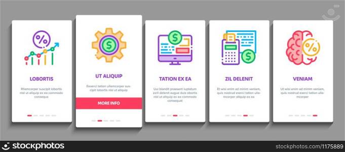 Investor Financial Onboarding Mobile App Page Screen Vector. Investor With Money Dollar And Lightbulb, Brain With Percentage Mark And Document Concept Linear Pictograms. Color Contour Illustrations. Investor Financial Onboarding Elements Icons Set Vector