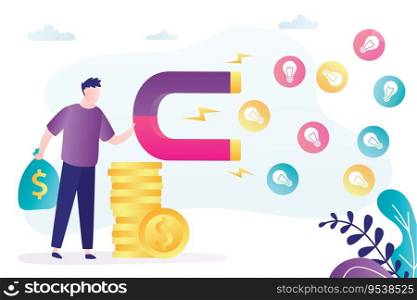 Investor holds big magnet and attract ideas. Businessman with money. Male character search new business ideas or startups. Brainstorming concept. Increase revenue. Flat vector illustration