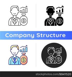 Investor icon. Investing money into financial schemes, property. Allocating capital. Receiving financial returns. Dividend income. Linear black and RGB color styles. Isolated vector illustrations. Investor icon