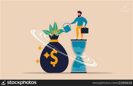 Investor invest to financial credit and interest to growth pension. Salary success with prosperity vector illustration concept. Cartoon character watering seed sprout. Capital budget saving and wealth