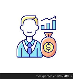 Investor RGB color icon. Investing money into financial schemes, property. Allocating capital. Receiving financial returns. Dividend income. Exchange-traded funds. Isolated vector illustration. Investor RGB color icon