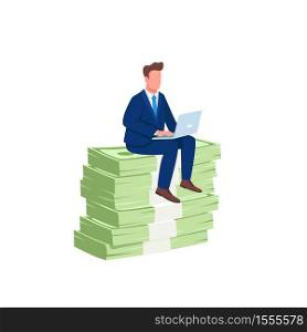 Investor sitting on pile of money flat concept vector illustration. Successful office worker. Employee working at laptop 2D cartoon character for web design. Earning money online creative idea. Investor sitting on pile of money flat concept vector illustration