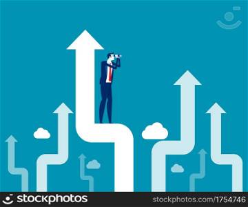 Investor standing on upward arrow. Looking through a telescope concept, Investment