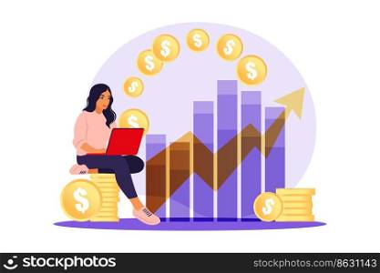 Investor woman with laptop monitoring growth of dividends. Trader investing capital, analyzing profit graphs. Vector flat illustration.