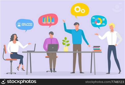 Investors discuss sales and analyze trades, people working at laptop, bubbles with diagrams and charts. Vector graph and diagram icons, employees on workplace. Investors Discuss Sales and Analyze Trades, People