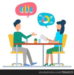 Investors discussing sales, people sitting at table and communicating. Vector managers speak about sales and buys, financial analytics, agents consultants. Investors Discussing Sales, People Sitting at Table