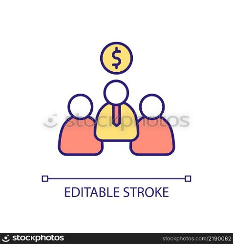 Investors RGB color icon. Group of businessmen. Stockholders and shareholders. Financial advisors. Isolated vector illustration. Simple filled line drawing. Editable stroke. Arial font used. Investors RGB color icon