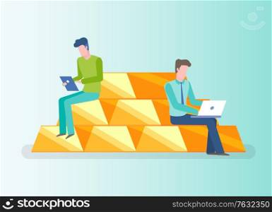Investors with laptop and tablet vector, investing people sitting on gold bars isolated man reading info on tablet. Digital control of savings flat style. People Working with Stats, Gold Bars Investment