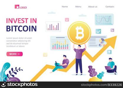 Invests in bitcoin, landing page template. Cryptocurrency market, blockchain technology. Financial analysts make money on growth of bitcoin rate. Team of successful investors. Flat Vector illustration