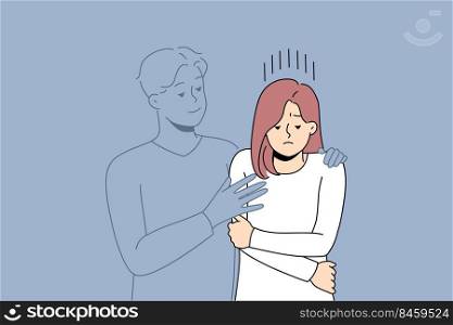 Invisible man hugging upset lonely woman missing love or relationships. Sad girl with male lover silhouette. Loneliness and breakup concept. Vector illustration.. Invisible man hugging sad woman