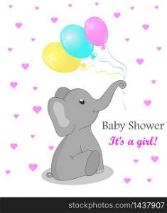 Invitation card baby shower with elephant for girl. Cute elephant with balloons. Birthday greetings card with flat elephant. vector illustration. Invitation card baby shower with elephant for girl. Cute elephant with balloons. Birthday greetings card with flat elephant. vector EPS10