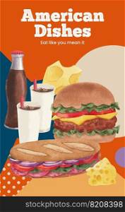 Invitation card template with American fastfood concept, watercolor style 