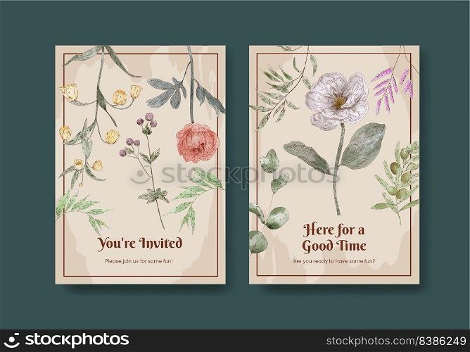 Invitation card template with botanical vintage concept,watercolor style
