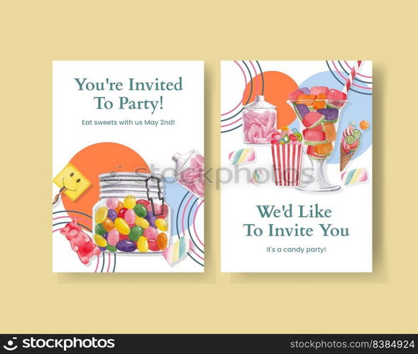 Invitation card template with candy jelly party concept,watercolor style  