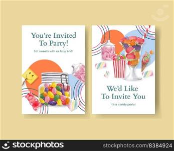Invitation card template with candy jelly party concept,watercolor style  