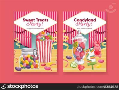 Invitation card template with candy jelly party concept,watercolor style  