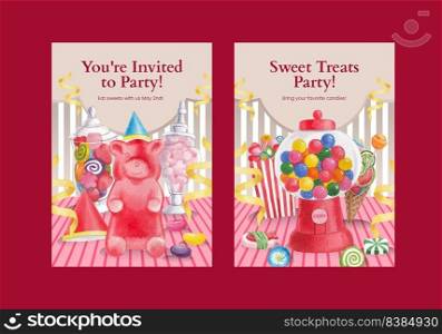 Invitation card template with candy jelly party concept,watercolor style


